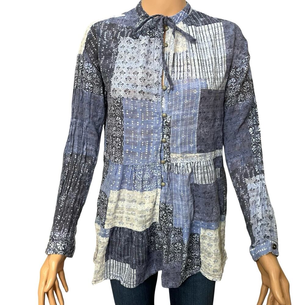 Pilcro Patchwork Button Down Tunic Top XS Long Sleeve Blue Boho Western Cotton